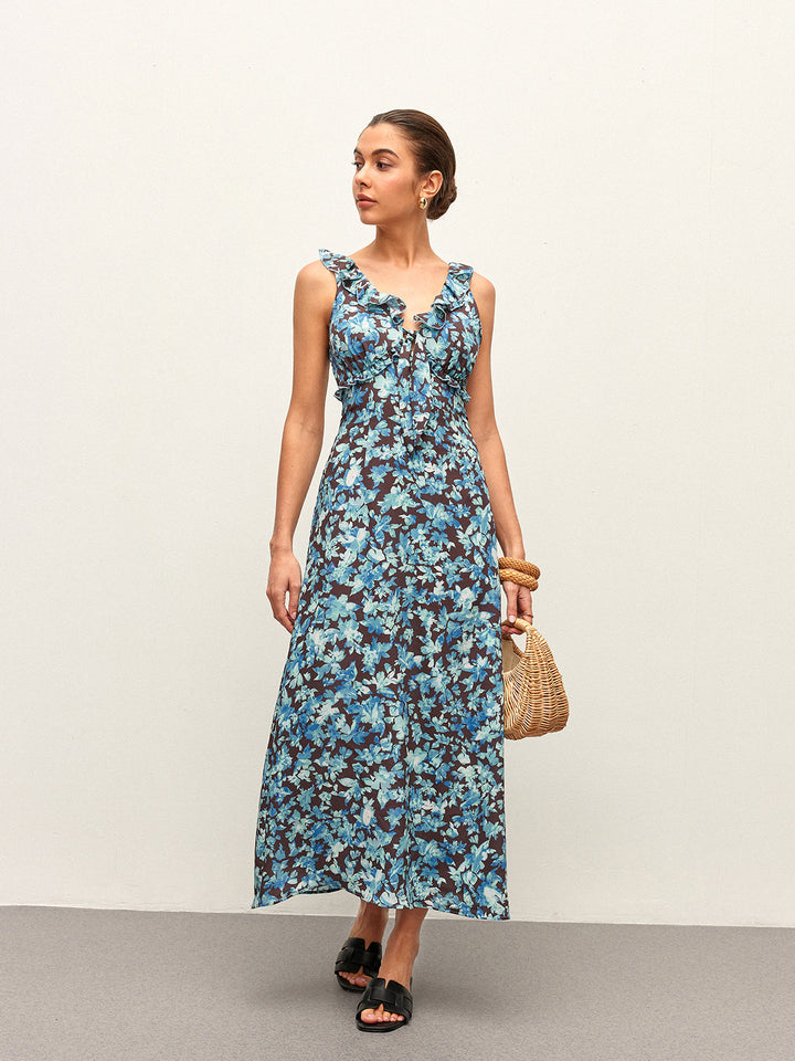 Robe Mi-Longue à Col en V et Bordure Festonnée Florale avec Fermeture Éclair