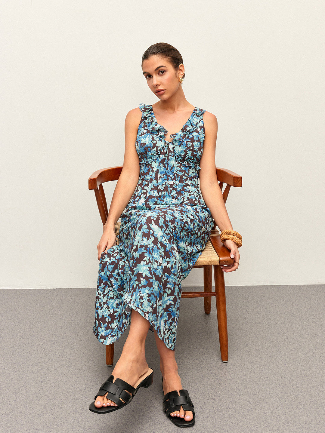 Robe Mi-Longue à Col en V et Bordure Festonnée Florale avec Fermeture Éclair