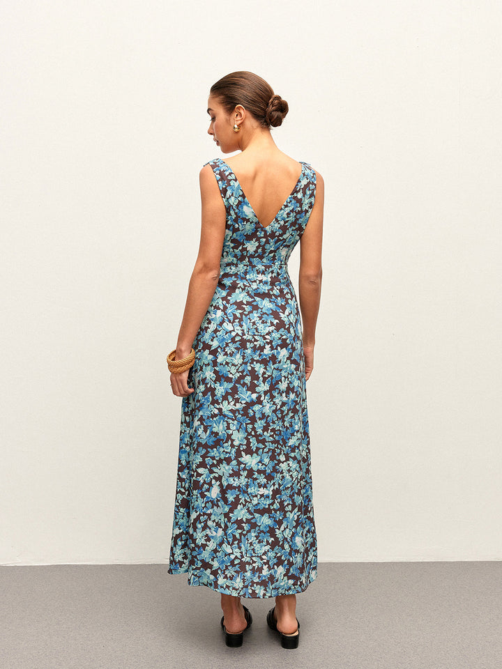 Robe Mi-Longue à Col en V et Bordure Festonnée Florale avec Fermeture Éclair