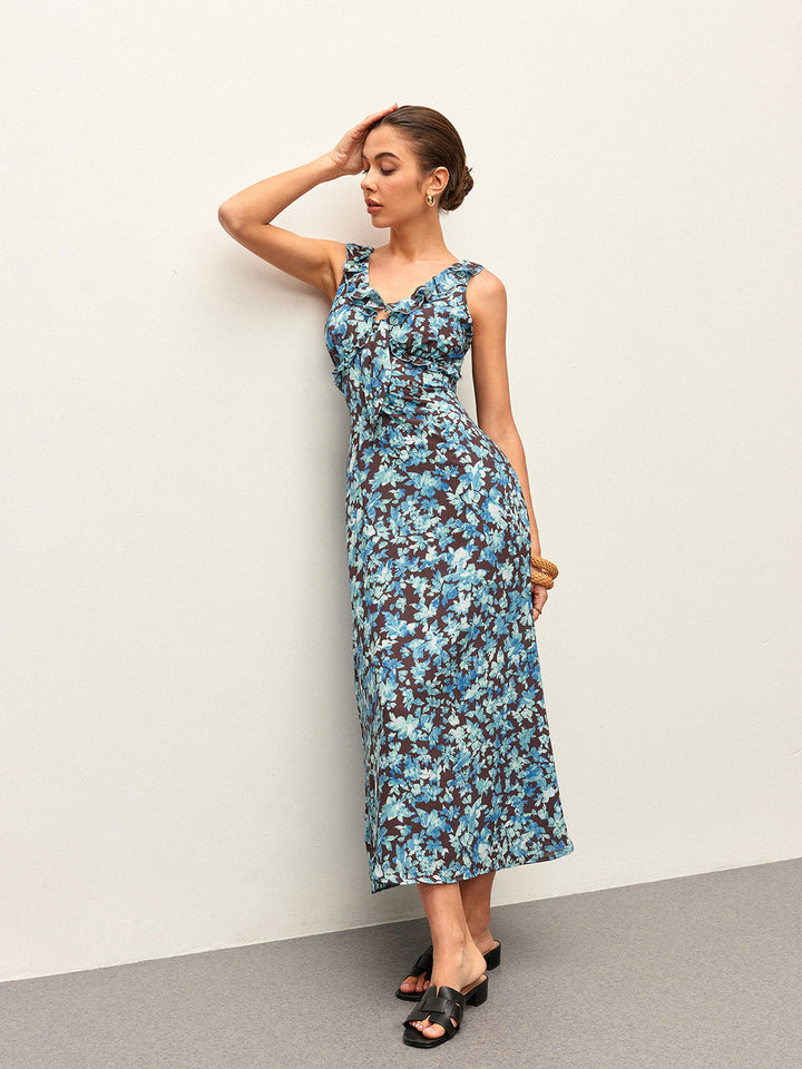 Robe Mi-Longue à Col en V et Bordure Festonnée Florale avec Fermeture Éclair