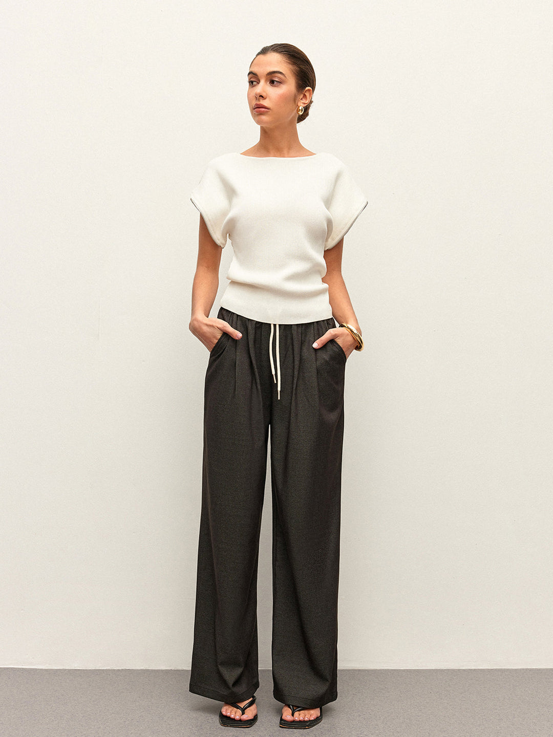 Pantalon Taille Haute à Cordon de Serrage et Détails de Poche