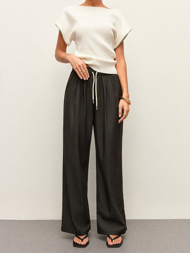 Pantalon Taille Haute à Cordon de Serrage et Détails de Poche