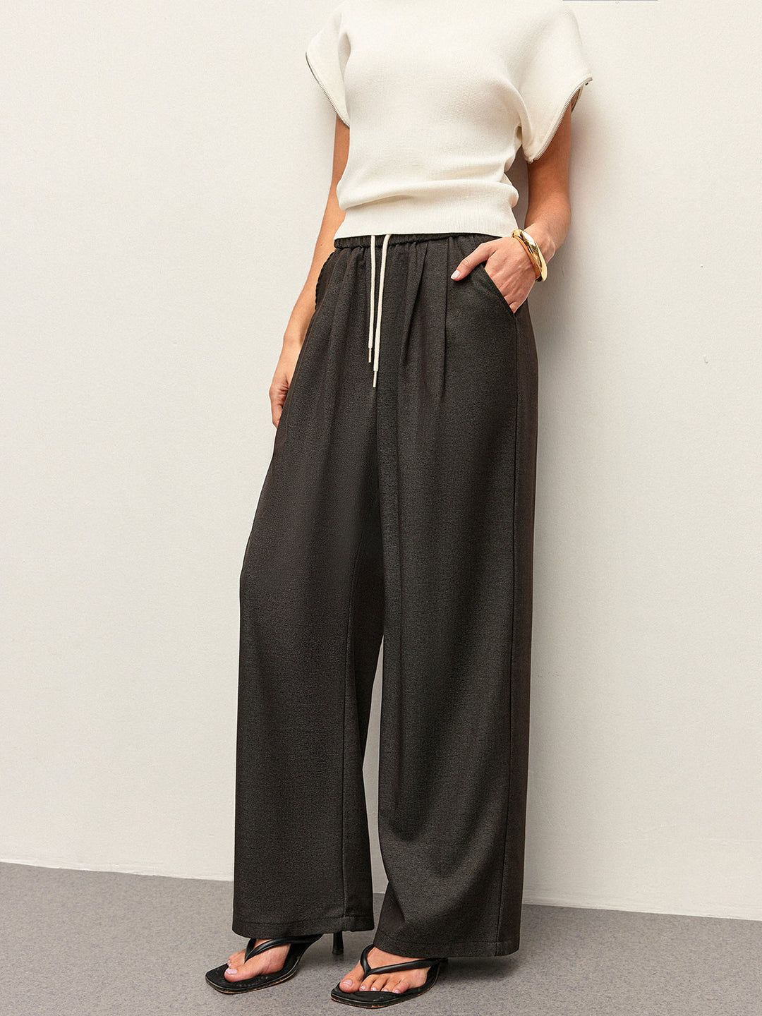Pantalon Taille Haute à Cordon de Serrage et Détails de Poche