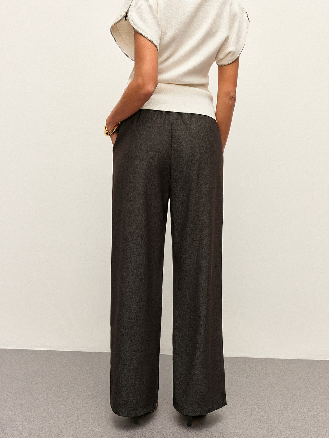 Pantalon Taille Haute à Cordon de Serrage et Détails de Poche