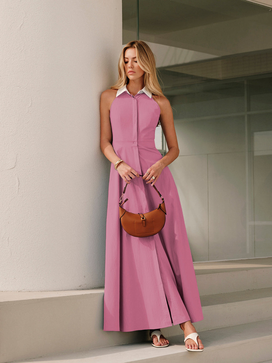 Robe Sans Manches à Col Boutonné