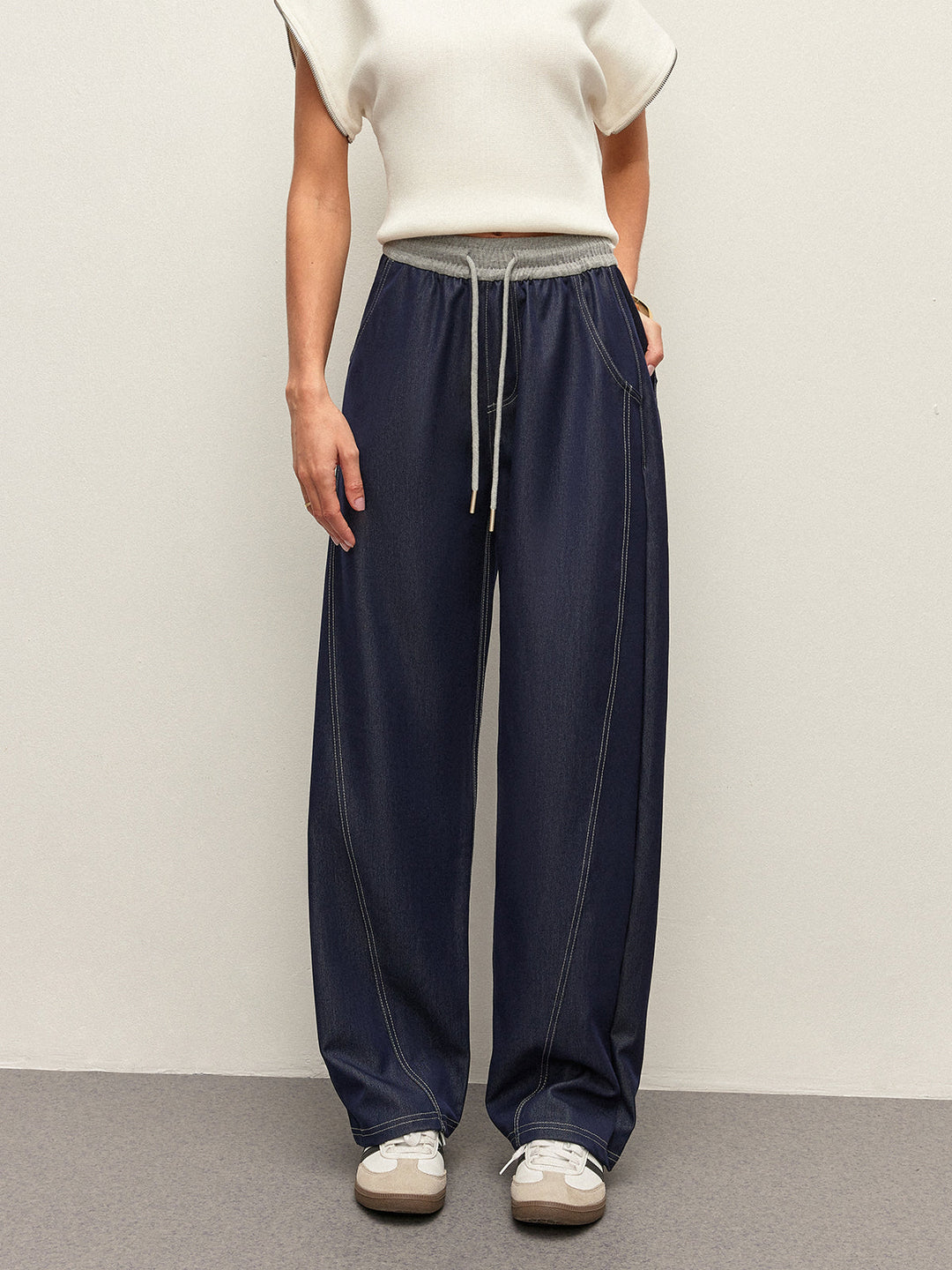 Pantalons en jean taille haute à cordon avec poches
