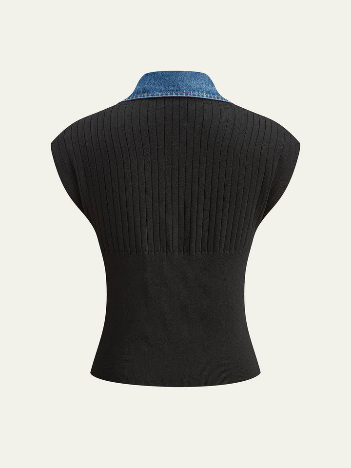 Haut côtelé à bordures en denim