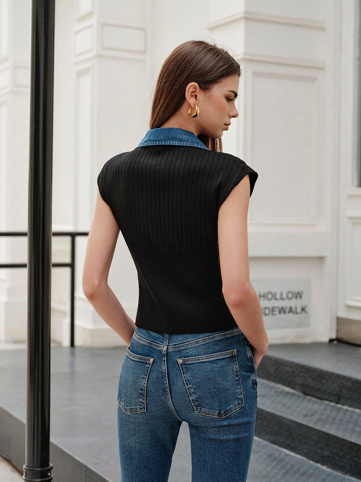 Haut côtelé à bordures en denim