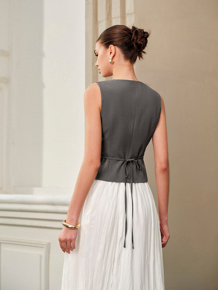 Gilet V-Neck Métallique avec Ceinture et Liens au Dos