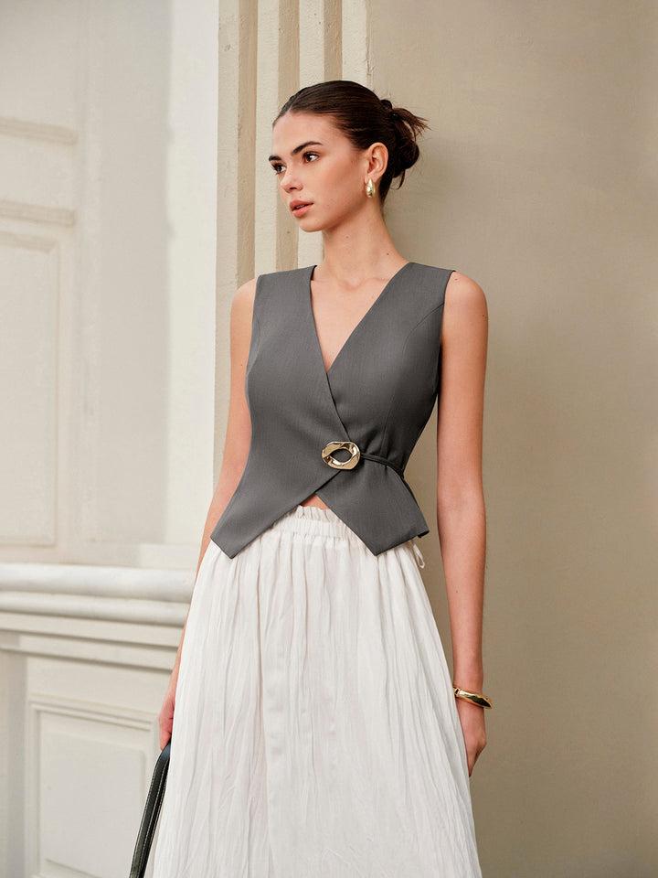 Gilet V-Neck Métallique avec Ceinture et Liens au Dos