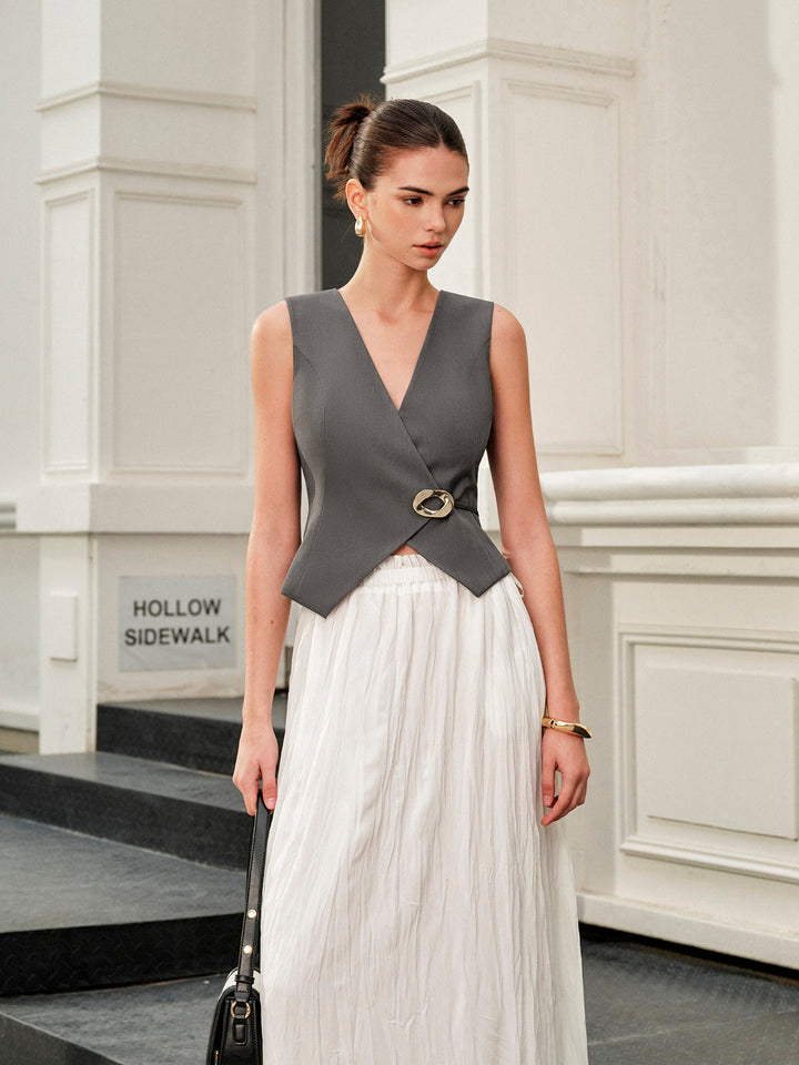 Gilet V-Neck Métallique avec Ceinture et Liens au Dos
