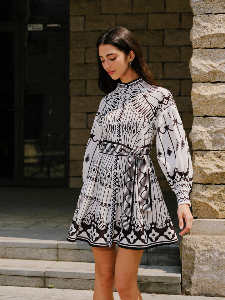 Robe Ceinture Manches Longues en Mélange Lin