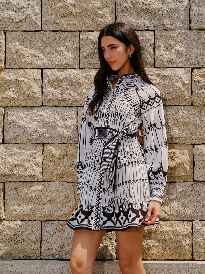 Robe Ceinture Manches Longues en Mélange Lin