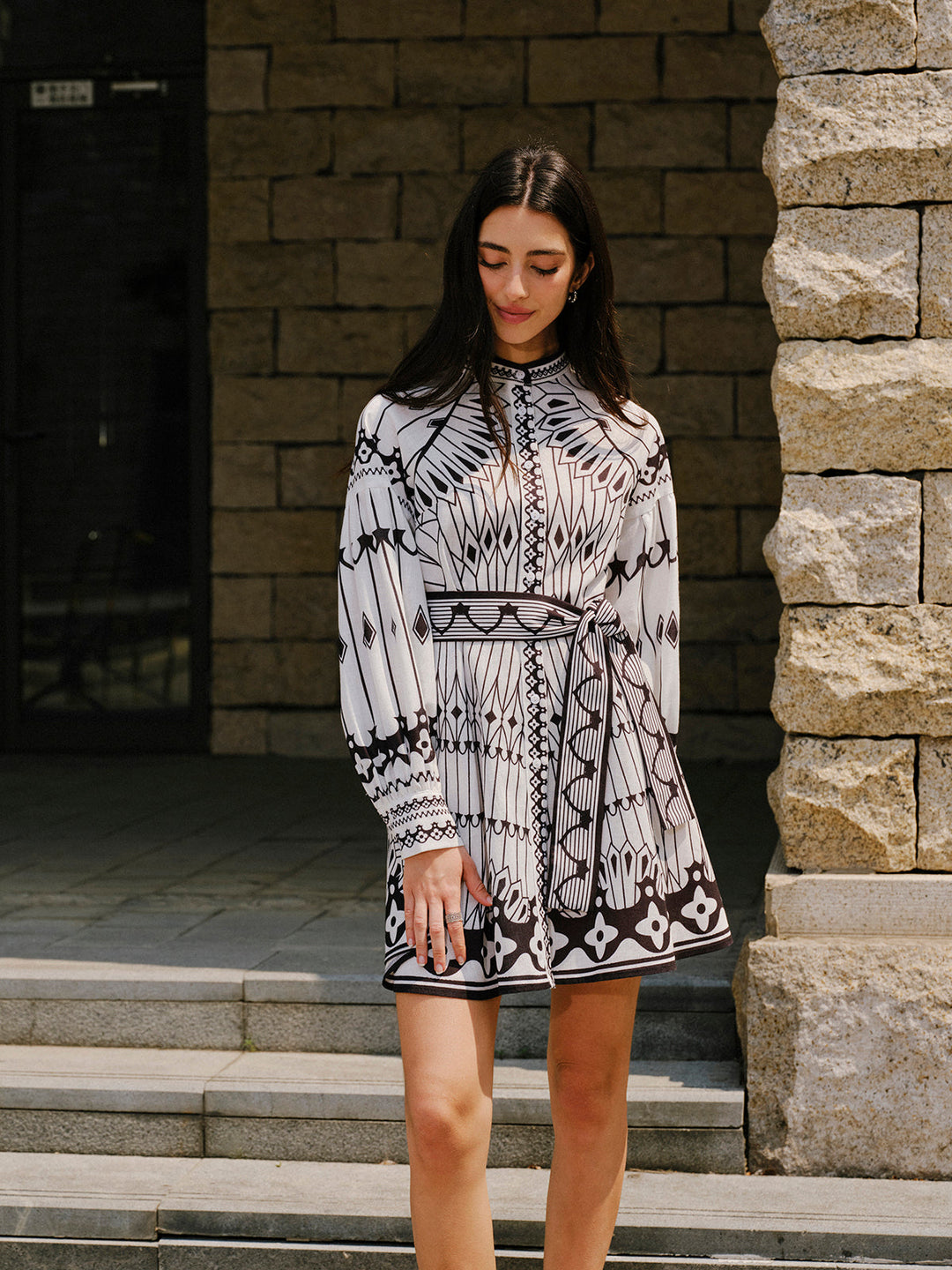 Robe Ceinture Manches Longues en Mélange Lin