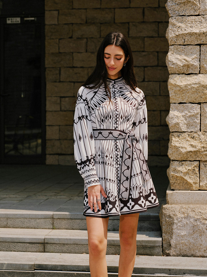 Robe Ceinture Manches Longues en Mélange Lin
