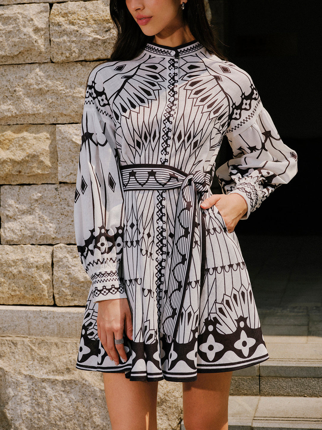 Robe Ceinture Manches Longues en Mélange Lin