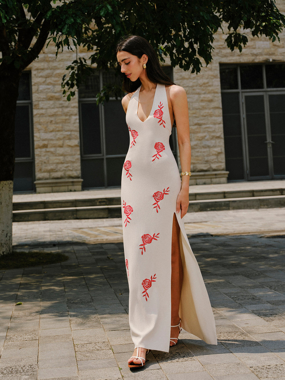 Robe Longue Tricotée à Décolleté Plongeant et Découpe