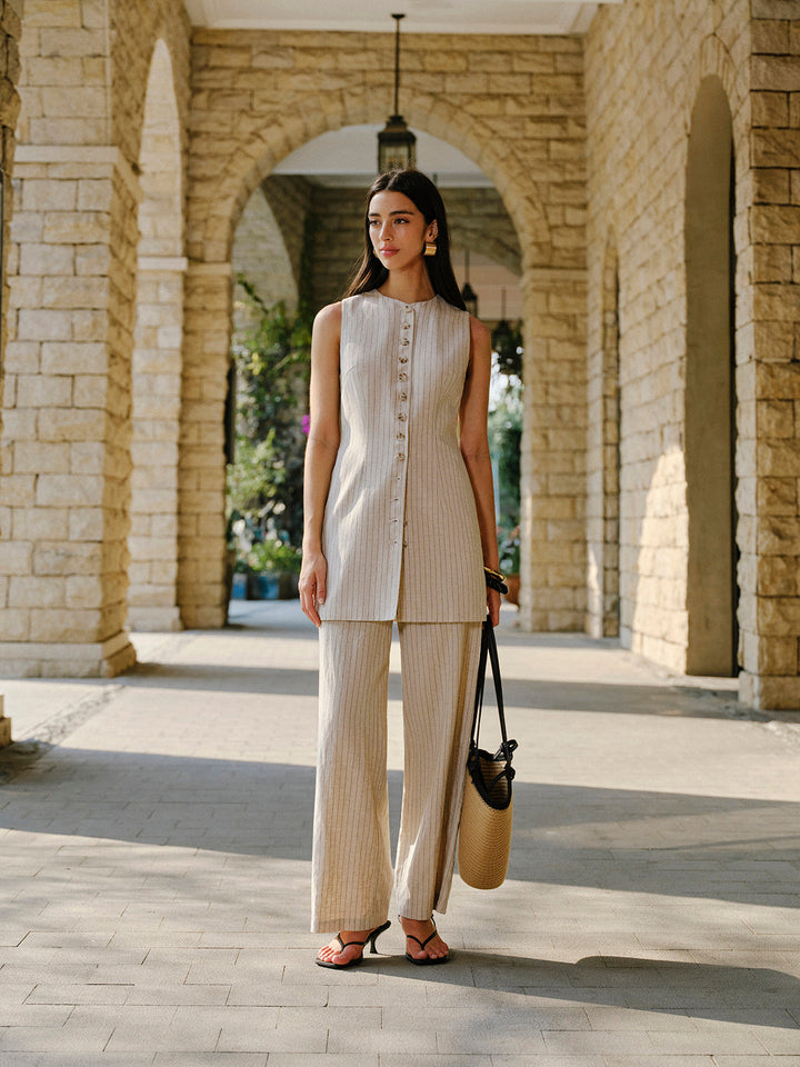 Pantalons mi-taille en lin mélangé avec poches
