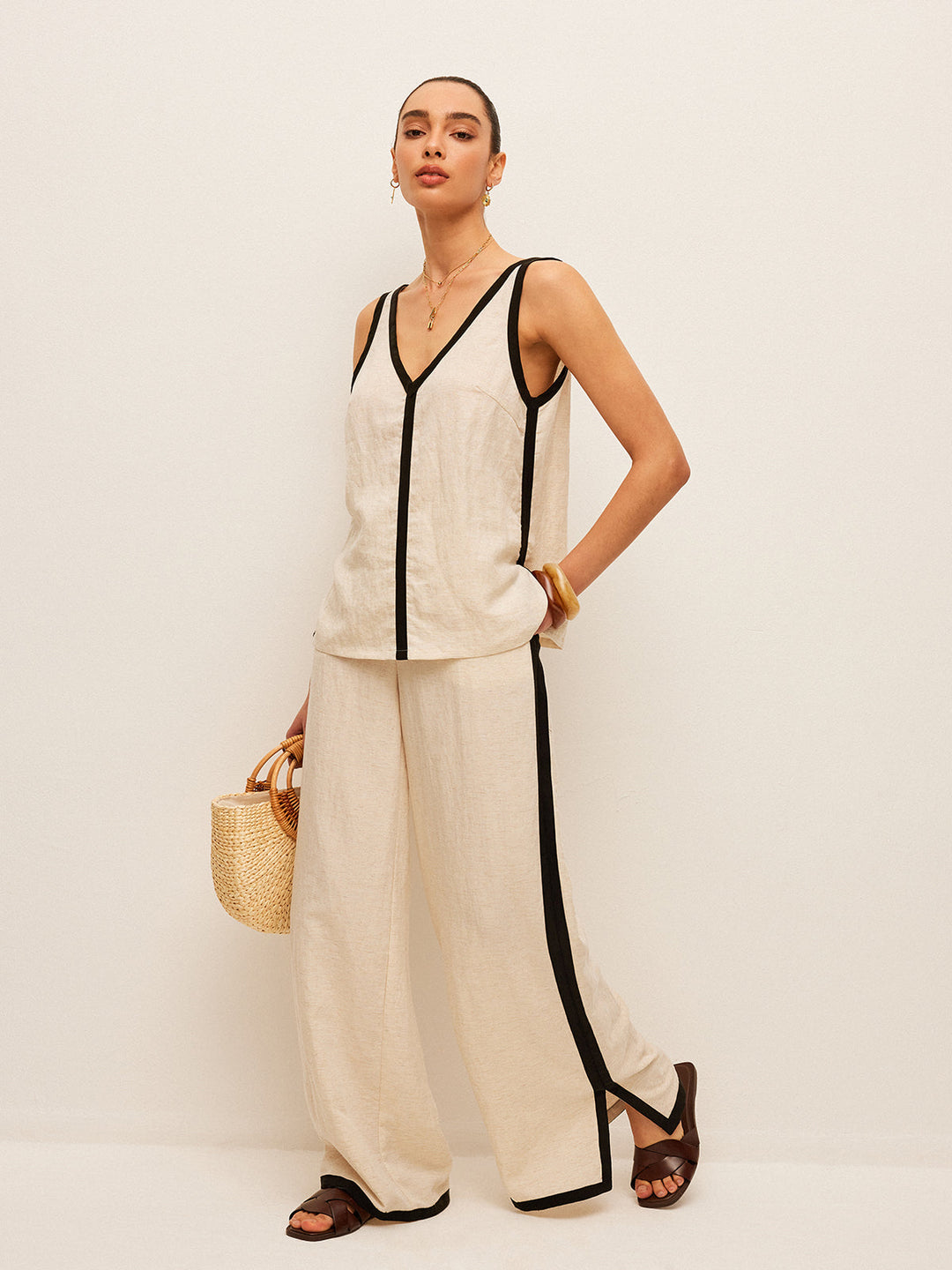Ensemble Pantalon Col en V avec Bordure Contrastante en Coton et Lin