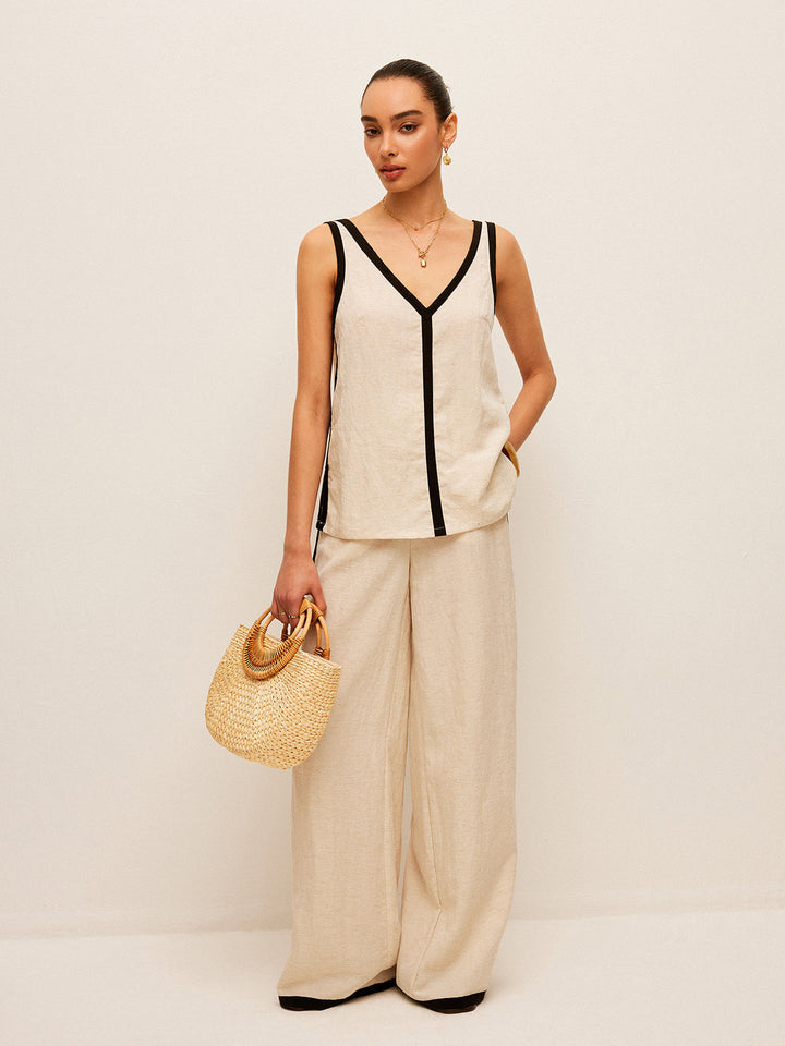 Ensemble Pantalon Col en V avec Bordure Contrastante en Coton et Lin