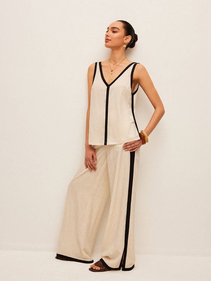 Ensemble Pantalon Col en V avec Bordure Contrastante en Coton et Lin
