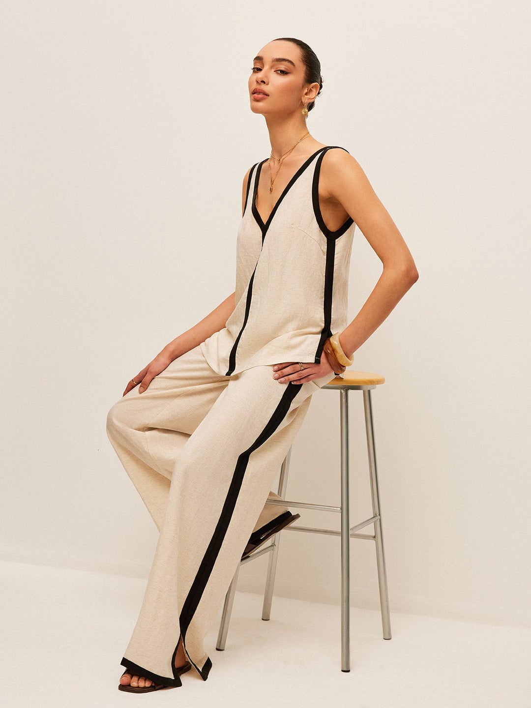 Ensemble Pantalon Col en V avec Bordure Contrastante en Coton et Lin