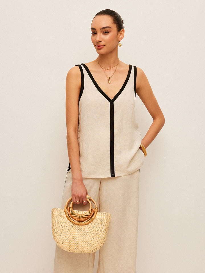Ensemble Pantalon Col en V avec Bordure Contrastante en Coton et Lin