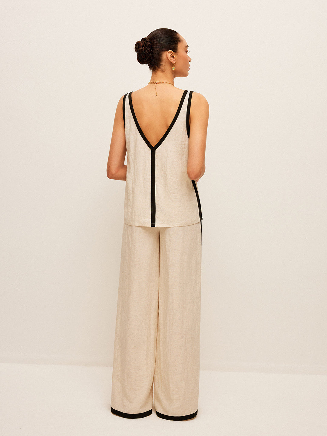 Ensemble Pantalon Col en V avec Bordure Contrastante en Coton et Lin