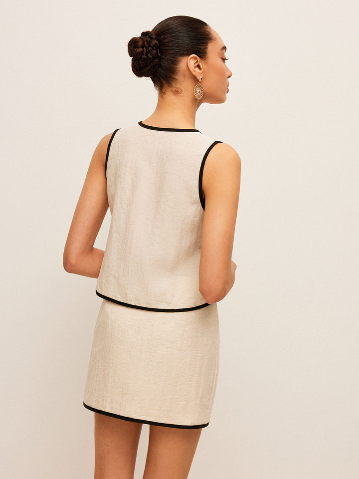 Ensemble Jupe Col V Contrastant Coton & Lin