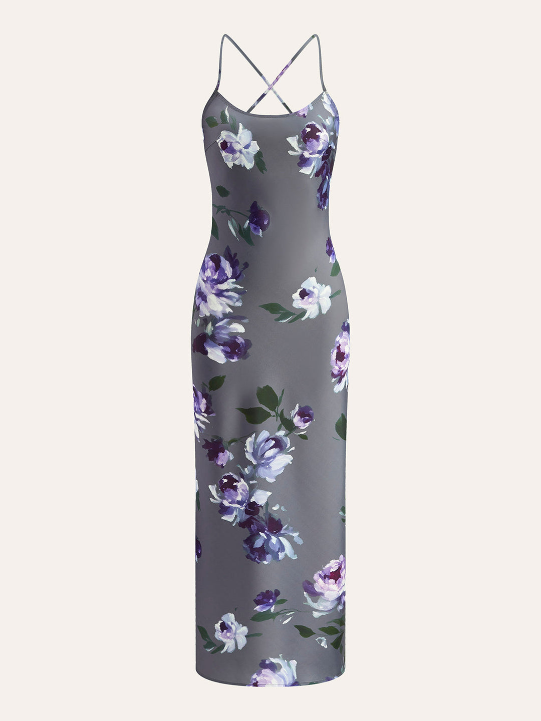 Robe Satin Imprimé Floral à Fente Latérale