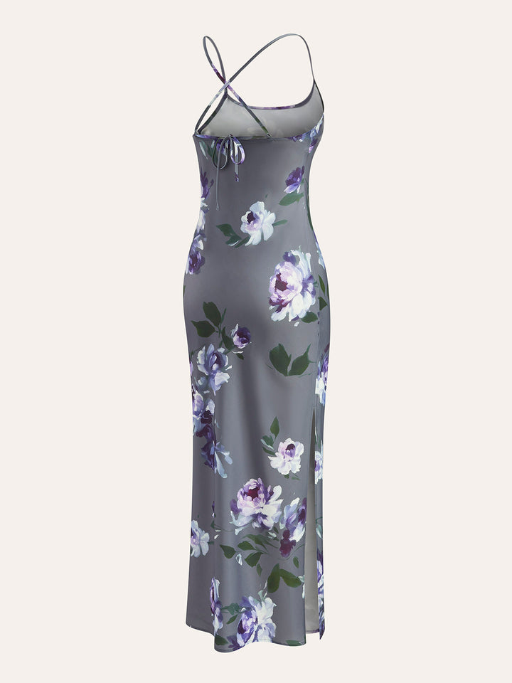 Robe Satin Imprimé Floral à Fente Latérale
