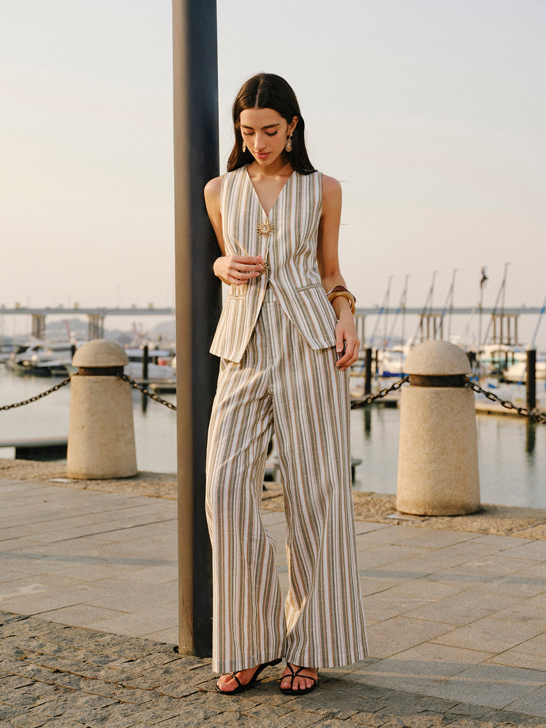 Pantalon Large Taille Mi-Haute Rayé en Lin et Coton
