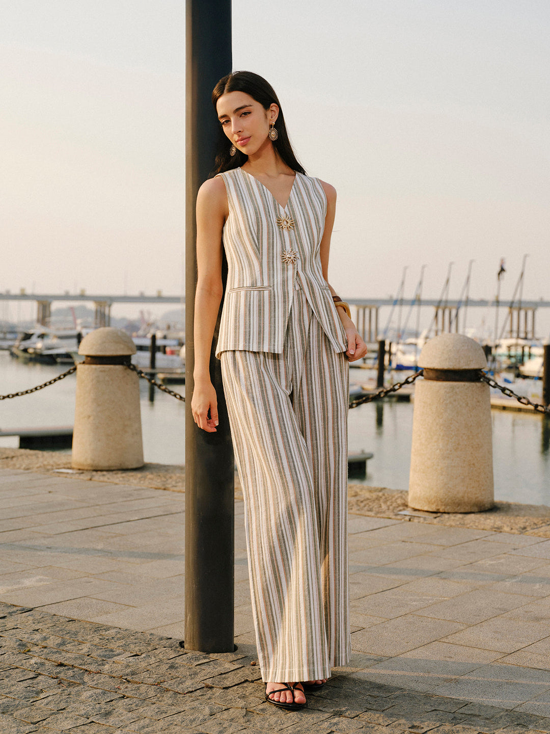 Pantalon Large Taille Mi-Haute Rayé en Lin et Coton