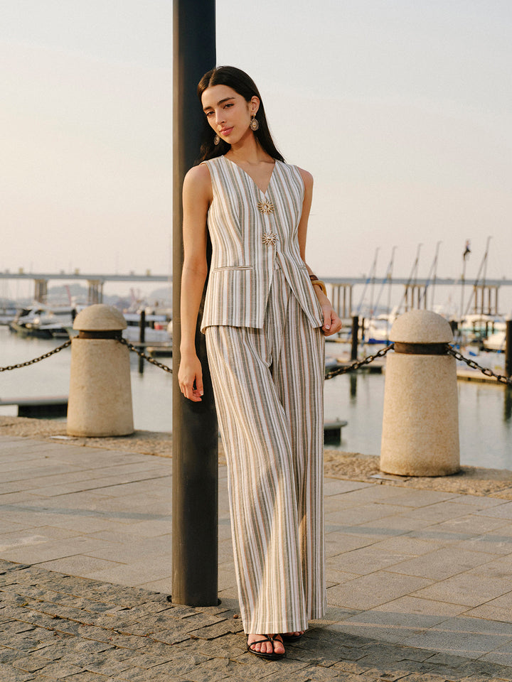 Pantalon Large Taille Mi-Haute Rayé en Lin et Coton