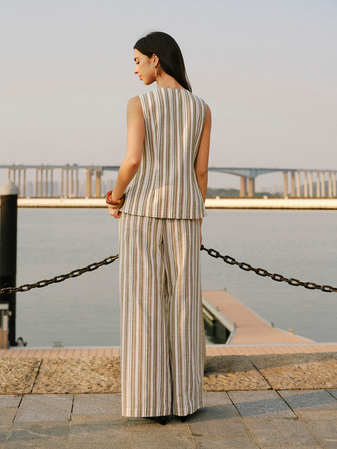 Pantalon Large Taille Mi-Haute Rayé en Lin et Coton