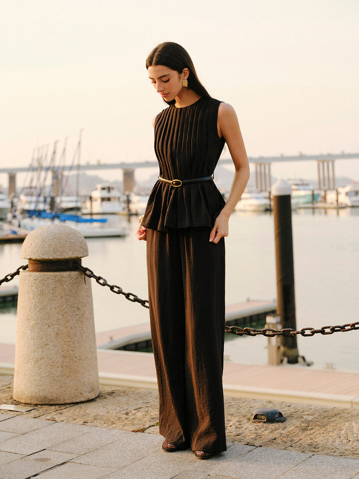 Ensemble Pantalon Large Ceinture Haut Peplum