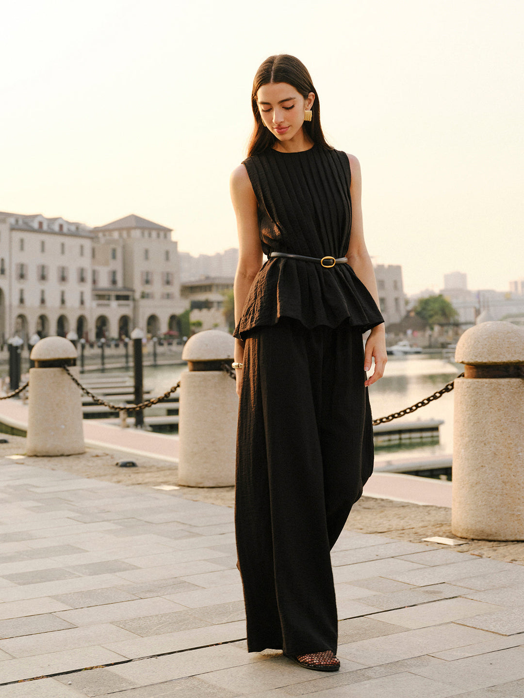 Ensemble Pantalon Large Ceinture Haut Peplum
