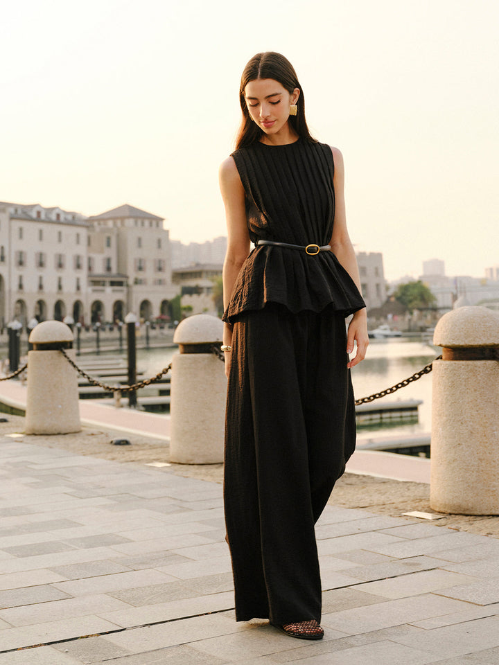 Ensemble Pantalon Large Ceinture Haut Peplum