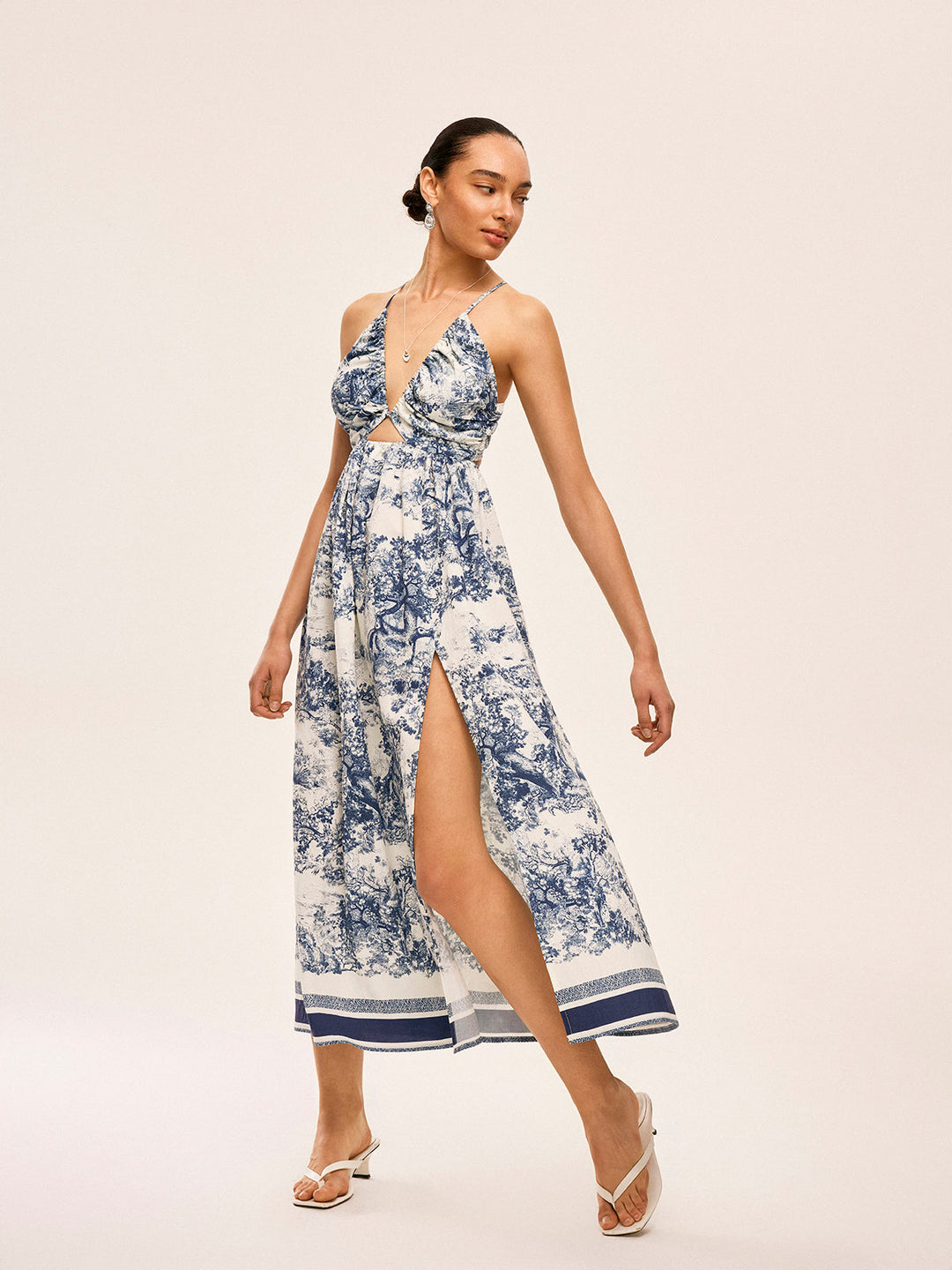 Robe Longue à Col Basque Imprimé Contrastant