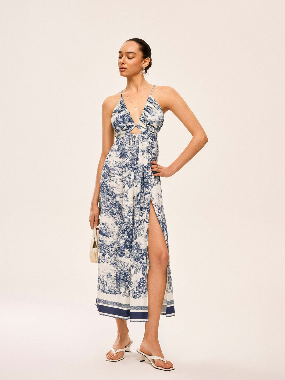 Robe Longue à Col Basque Imprimé Contrastant