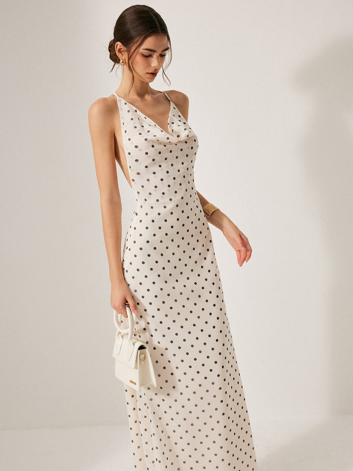 Robe Longue Dos Nu à Pois en Mousseline