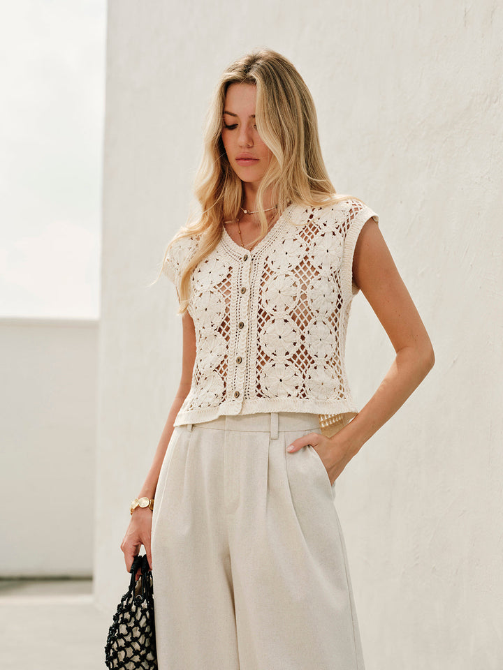 Débardeur en maille jacquard semi-transparente à encolure en V