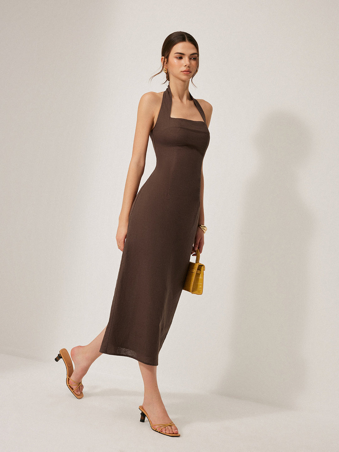 Robe Longue Dos Nu fendue en Coton & Lin