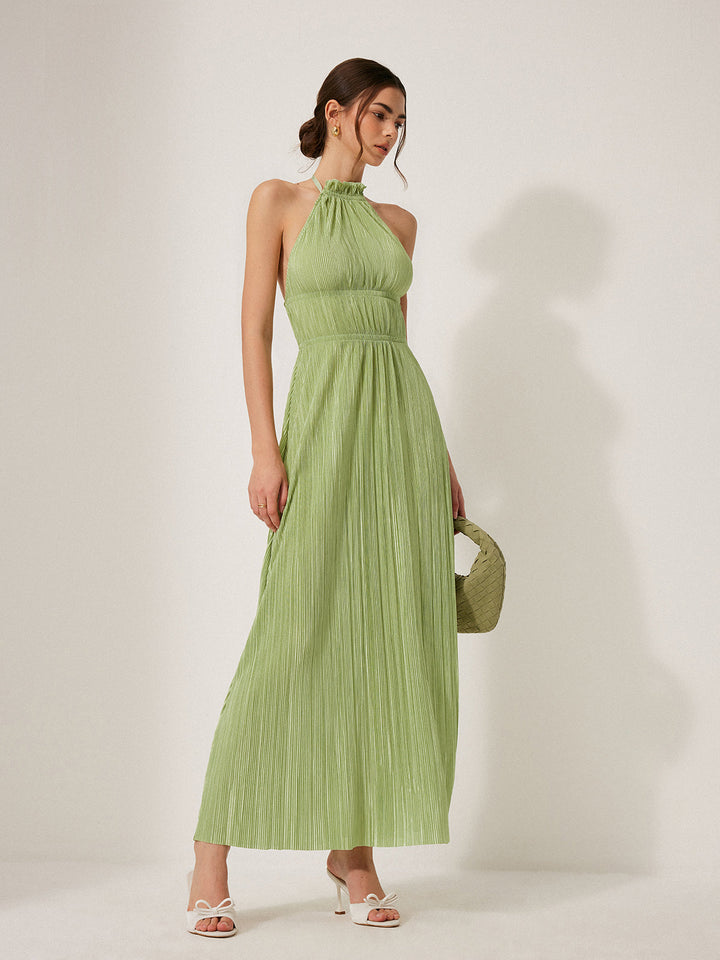 Robe Longue à Bretelles Plissées et Dos Nu