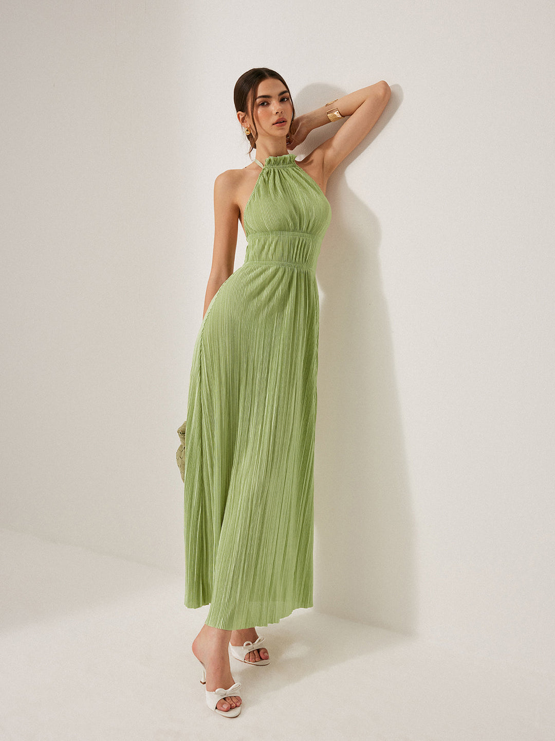 Robe Longue à Bretelles Plissées et Dos Nu