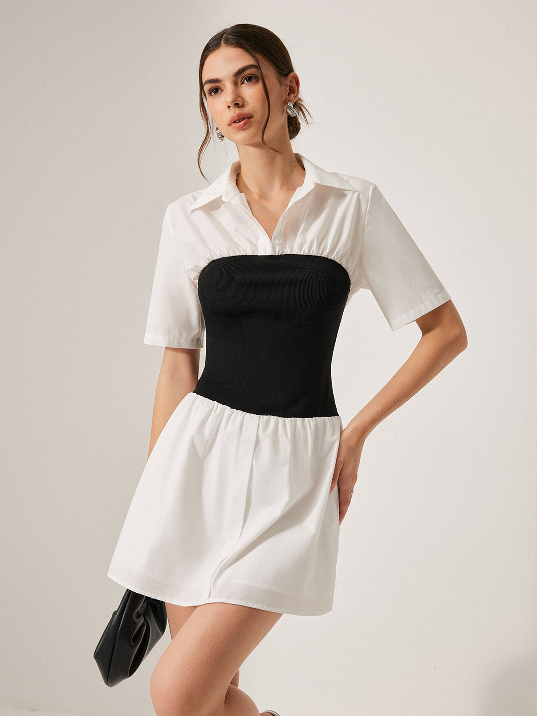Robe Chemise Boutonnée à Revers Panneau 2 en 1