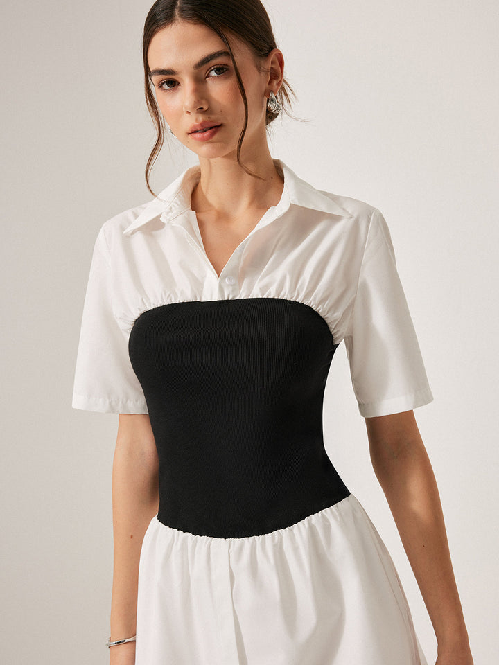Robe Chemise Boutonnée à Revers Panneau 2 en 1