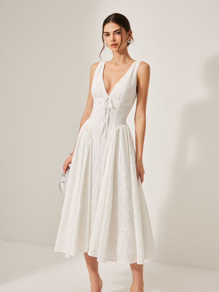 Robe à Lacets Brodés en Coton