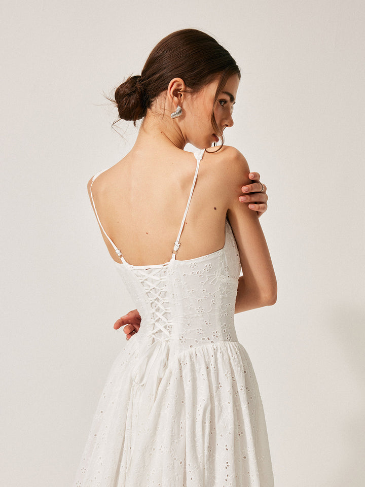 Robe à Lacets Brodés en Coton