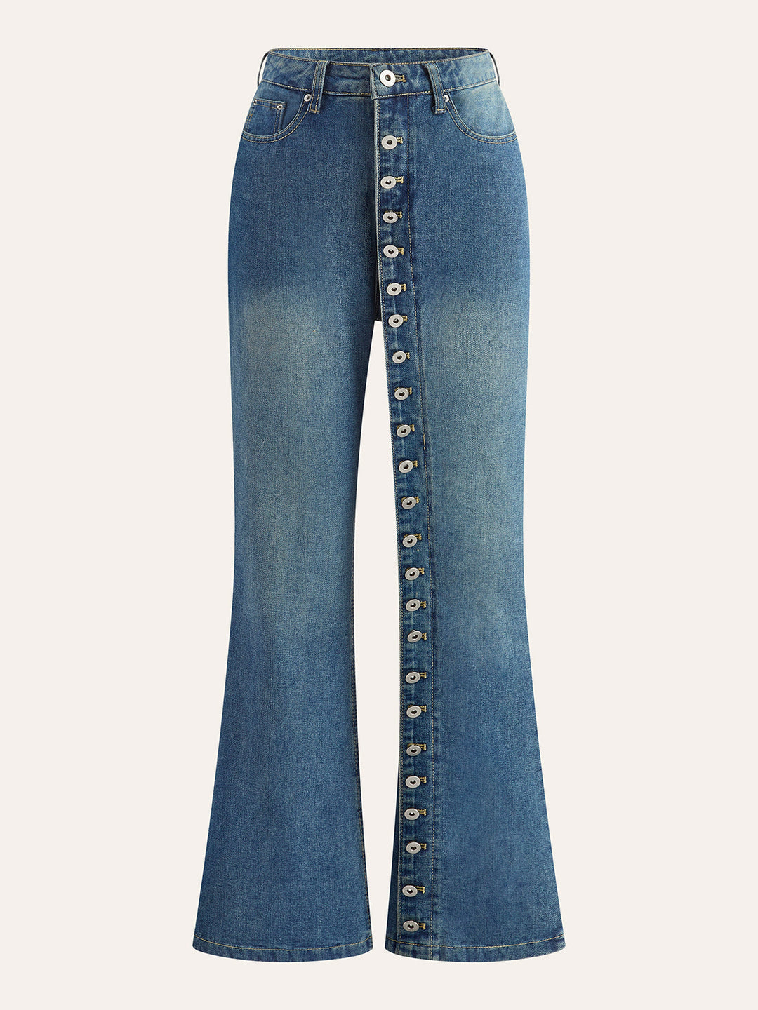 Jean Patte D'Élégance Taille Mi-Haute avec Boutons Décoratifs et Fermeture Éclair Évasée